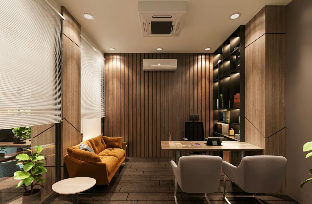 home remodeling services in boca raton with Stylish office interior featuring wooden paneling, modern furniture, and cozy lighting.
