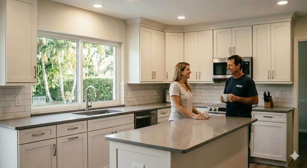 A-couple-is-standing-contentedly-near-the-island-smiling