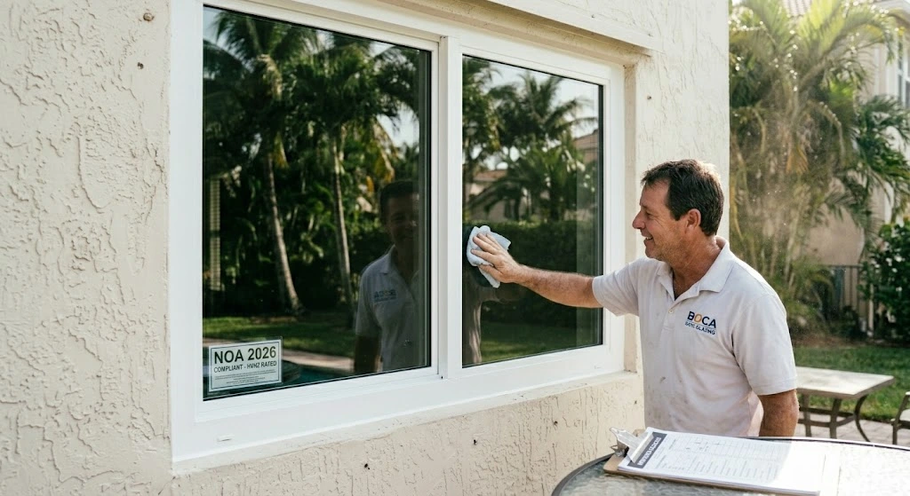 A-worker-wearing-a-clean-badged-BOCA-SAFE-GLAZING-polo-shirt-is-wiping-down-a-newly-installed-large-HVHZ-impact-rated-window