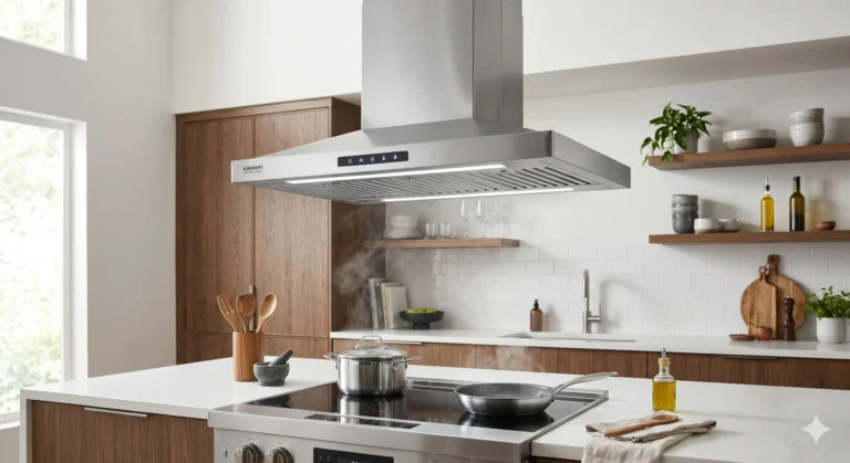 A sleek, high-end stainless steel island range hood with a built-in digital control panel and LED task lighting is suspended over a professional gas range in a modern, open-concept Florida kitchen featuring walnut cabinets and white quartz countertops.