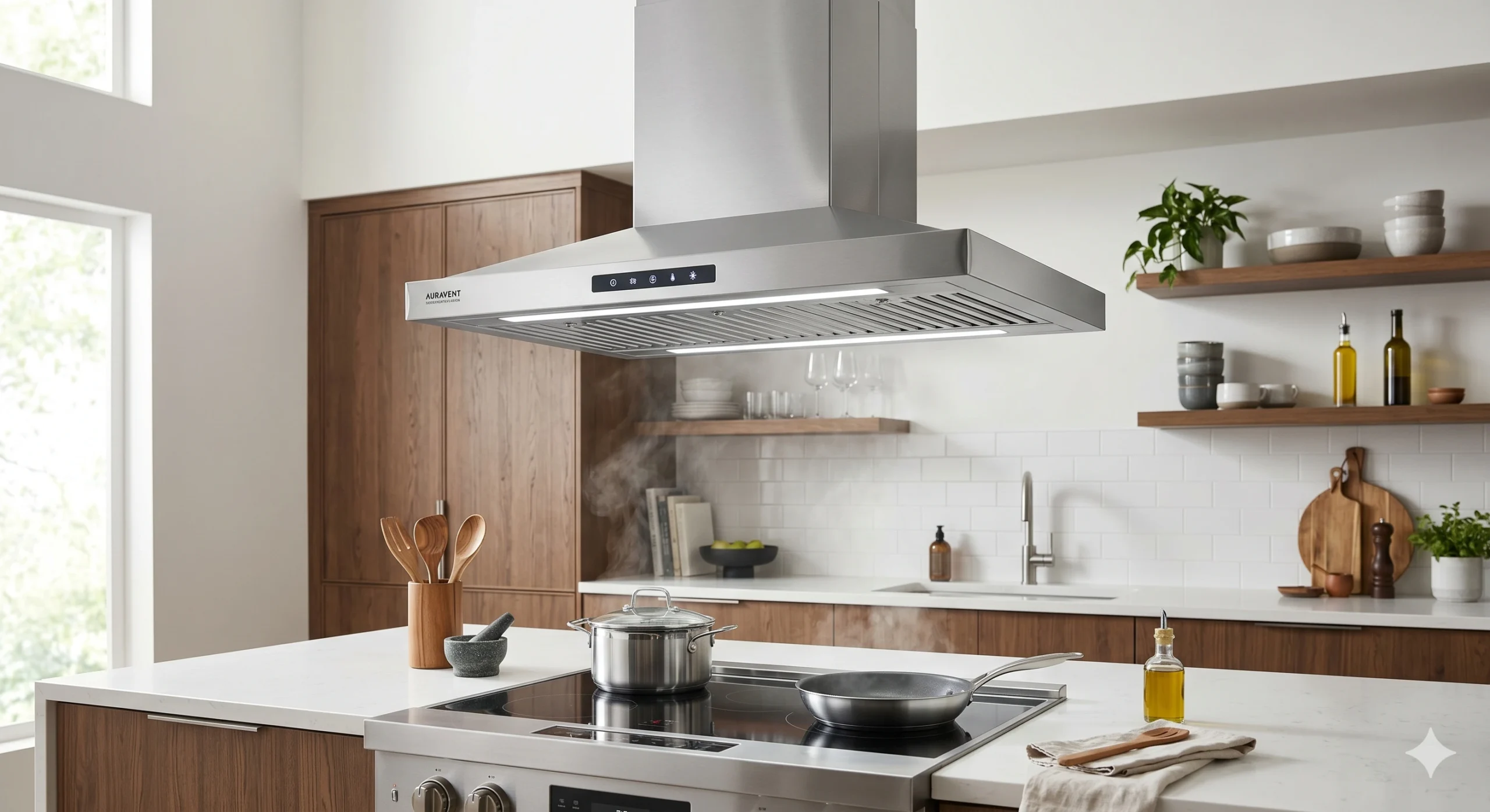A sleek, high-end stainless steel island range hood with a built-in digital control panel and LED task lighting is suspended over a professional gas range in a modern, open-concept Florida kitchen featuring walnut cabinets and white quartz countertops.