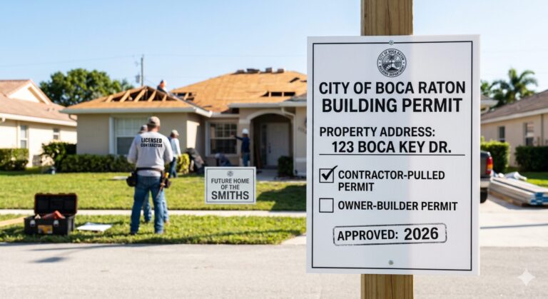 A City of Boca Raton building permit sign on a residential construction site in 2026, showing a checkmark for