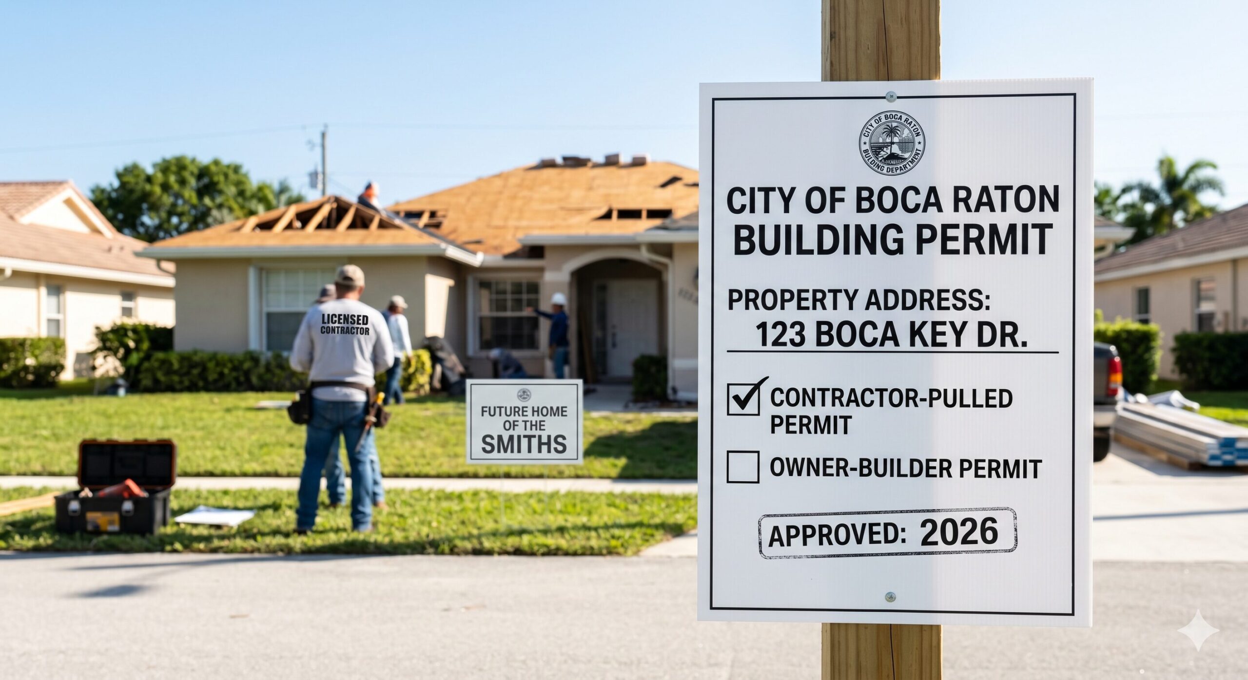 A City of Boca Raton building permit sign on a residential construction site in 2026, showing a checkmark for 