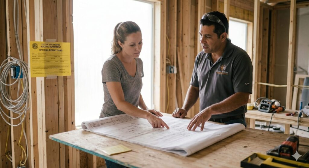 A documentary photograph of a Boca Raton homeowner and an architect reviewing blueprints inside an active permitted construction site, with an official city permit visible on the wall, emphasizing local code compliance.