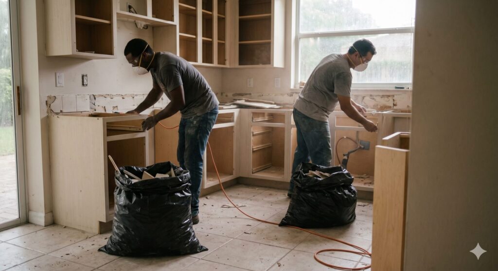 A messy, authentic interior of a Boca Raton home kitchen during active demolition by two masked contractors, illustrating the disruption of a major renovation project in progress.