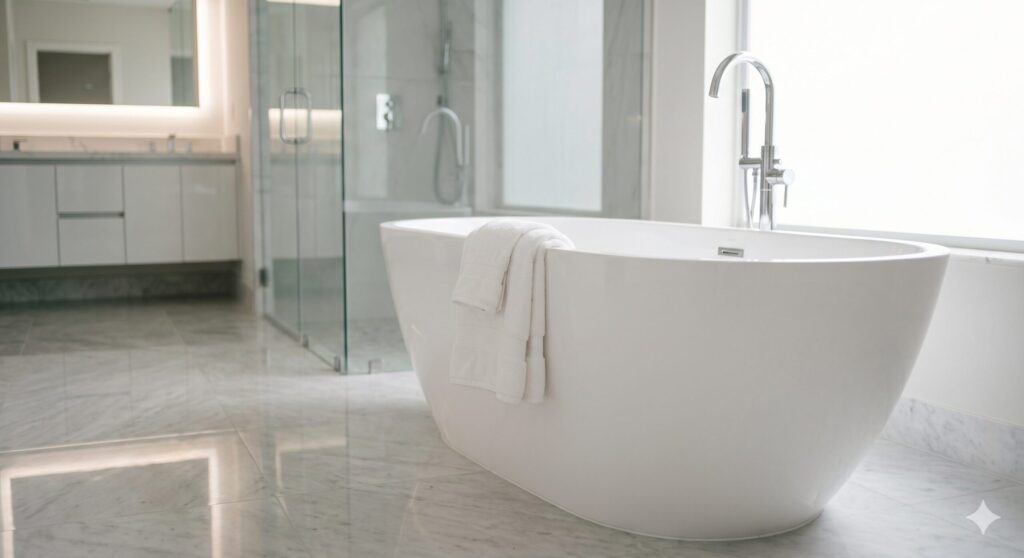 A close-up view of a minimalist freestanding bathtub on marble flooring in a luxury Boca Raton master bathroom remodel, representing premium renovation costs in the local market.