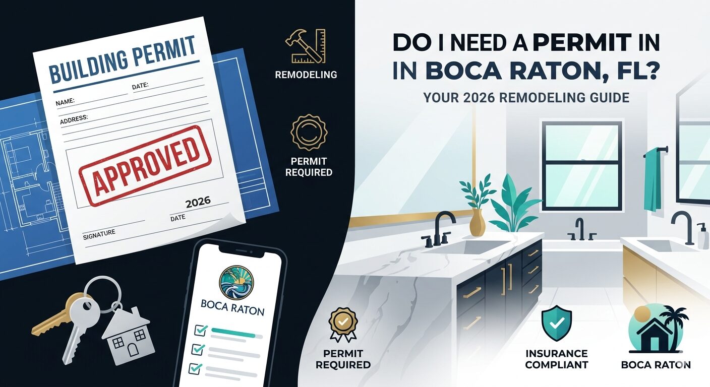 A professional split-design feature image for a 2026 Boca Raton remodeling guide. The left side features a dark background with an approved 2026 building permit, house keys, and a smartphone displaying a checklist. The right side shows a bright, modern, clean bathroom interior with icons for 