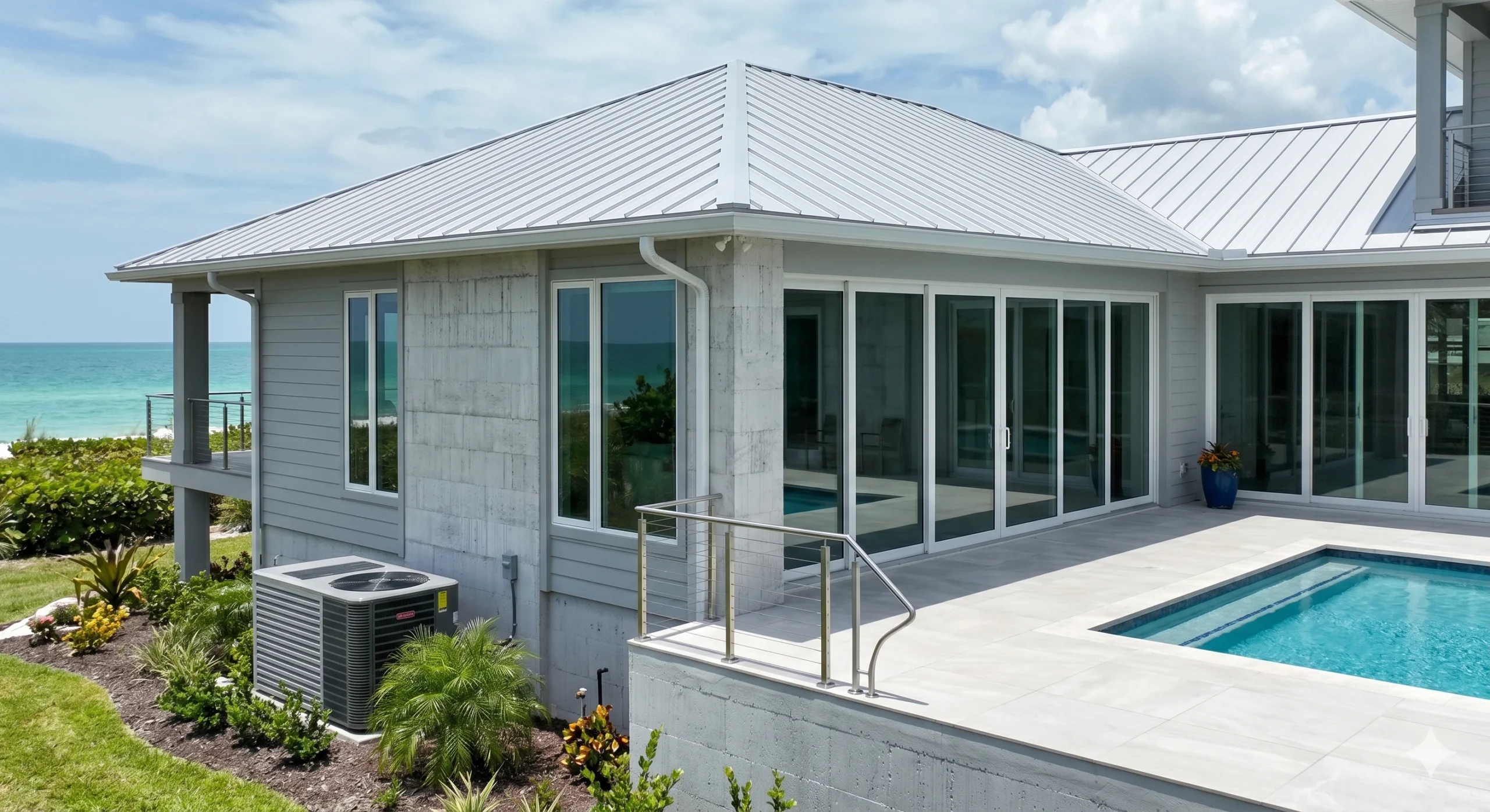 Architectural rendering of a high-resilience Florida home designed with concrete block construction, impact-resistant windows, and a standing seam metal roof for 2026 hurricane code compliance.