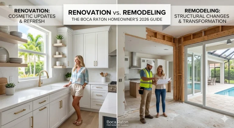 A split-screen image for a Boca Raton home improvement guide comparing renovation and remodeling. The left side shows a finished, modern white kitchen with a woman standing by a window with palm trees outside, labeled "Renovation: Cosmetic Updates & Refresh." The right side shows a kitchen under structural construction with exposed wood wall studs, where a contractor in a hard hat reviews blueprints with a homeowner next to a sliding glass door facing a backyard swimming pool, labeled "Remodeling: Structural Changes & Transformation."