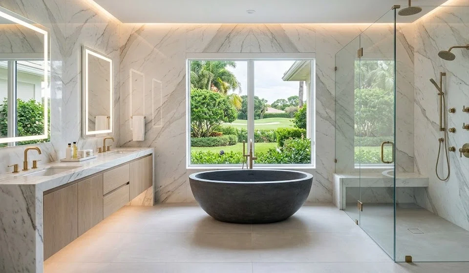 A high-end, coastal contemporary luxury master bathroom in a Woodfield Country Club home featuring Calacatta marble slab walls, a freestanding dark gray volcanic limestone soaking tub, rift-sawn white oak vanities with brushed gold fixtures, and a glass-enclosed wet room overlooking a lush Florida garden.