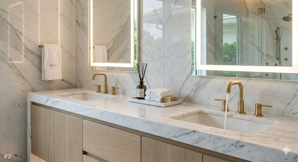 A close-up view within a luxury master bathroom at Woodfield Country Club, focused on a modern white marble vanity countertop. The scene features dual undermount sinks with matching brushed gold faucets. Above the vanity is a large, rectangular frameless mirror with an illuminated LED border, which glows warmly. The counter is clean, showcasing the marble veining and a few curated spa-style toiletries. The background shows continuous marble walls and a clean aesthetic.