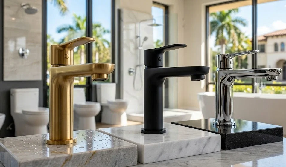 Three modern bathroom faucets in brushed gold, matte black, and polished chrome finishes displayed side-by-side on marble slabs in a luxury showroom background.