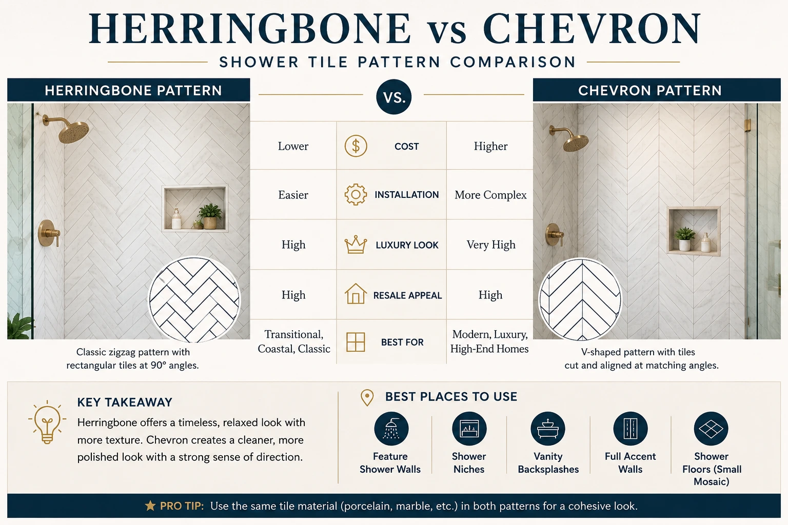 Side-by-side comparison of herringbone and chevron shower tile patterns showing differences in cost, installation complexity, luxury appeal, and best bathroom applications.