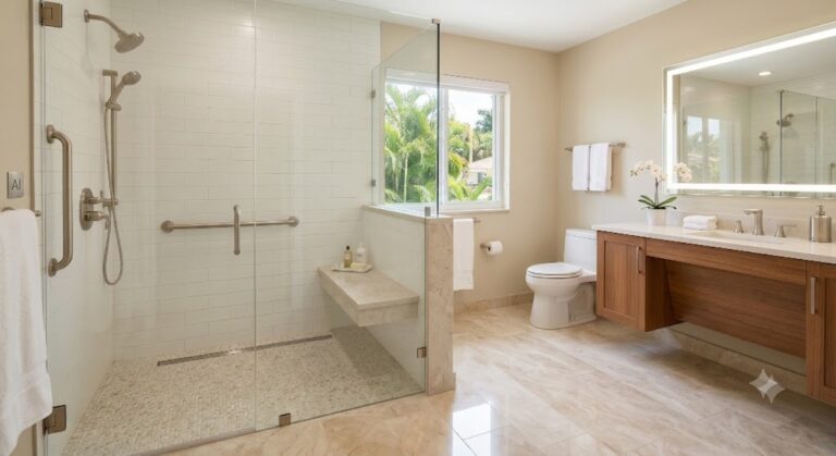 A detailed interior view of a modern, curbless accessible bathroom with marble floors and white subway tile. The large shower area on the left has multiple metallic grab bars, shower heads, and a floating bench. On the back shower wall, near the main controls and grab bar, a tiny polished metallic plaque. A wooden vanity with an illuminated mirror and toilet are to the right. The entire scene is preserved, with a clear view through the window.