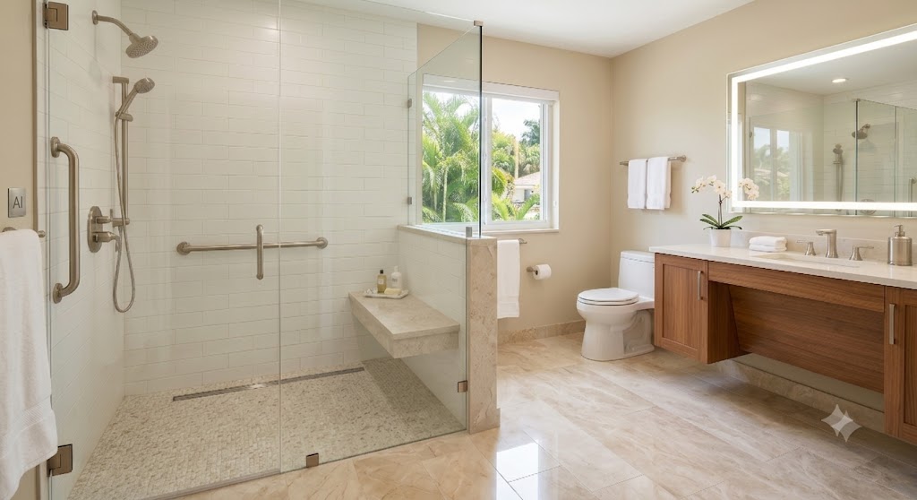 A detailed interior view of a modern, curbless accessible bathroom with marble floors and white subway tile. The large shower area on the left has multiple metallic grab bars, shower heads, and a floating bench. On the back shower wall, near the main controls and grab bar, a tiny polished metallic plaque. A wooden vanity with an illuminated mirror and toilet are to the right. The entire scene is preserved, with a clear view through the window.