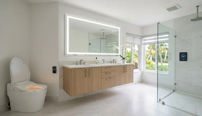 A bright, luxurious high-tech smart bathroom remodel in Boca Raton featuring a self-cleaning smart toilet, a glass-enclosed digital shower with a touchscreen control pad, and a voice-activated lighted vanity mirror displaying the morning weather.