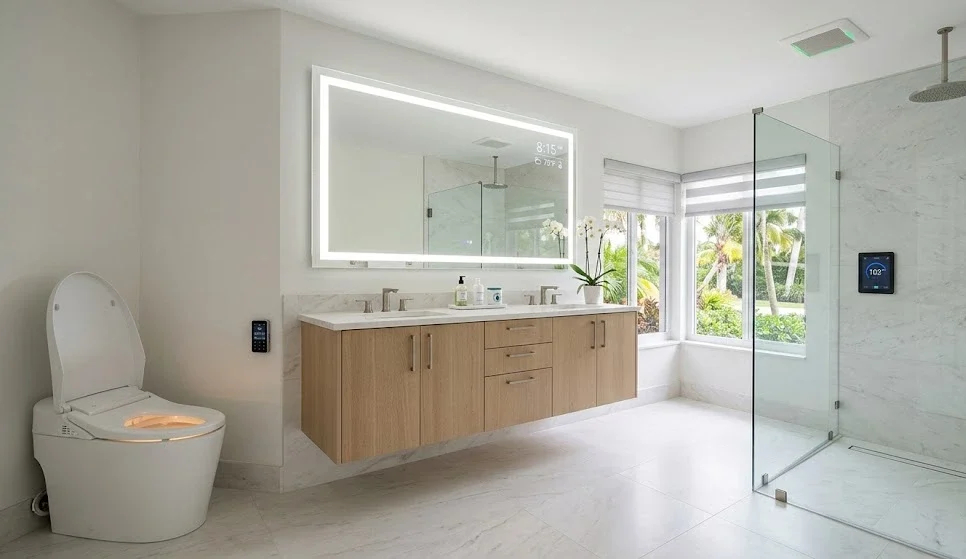 A bright, luxurious high-tech smart bathroom remodel in Boca Raton featuring a self-cleaning smart toilet, a glass-enclosed digital shower with a touchscreen control pad, and a voice-activated lighted vanity mirror displaying the morning weather.