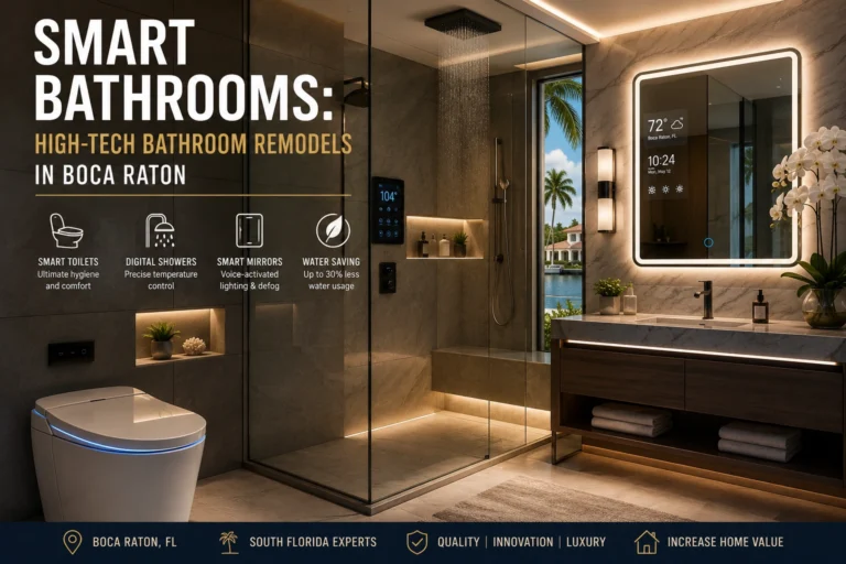 Luxury smart bathroom remodel in Boca Raton featuring a sleek smart toilet, digital walk-in shower with touchscreen controls, voice-activated smart mirror, ambient LED lighting, marble finishes, and a modern vanity. The high-tech bathroom showcases advanced comfort, water-saving technology, and contemporary South Florida luxury design
