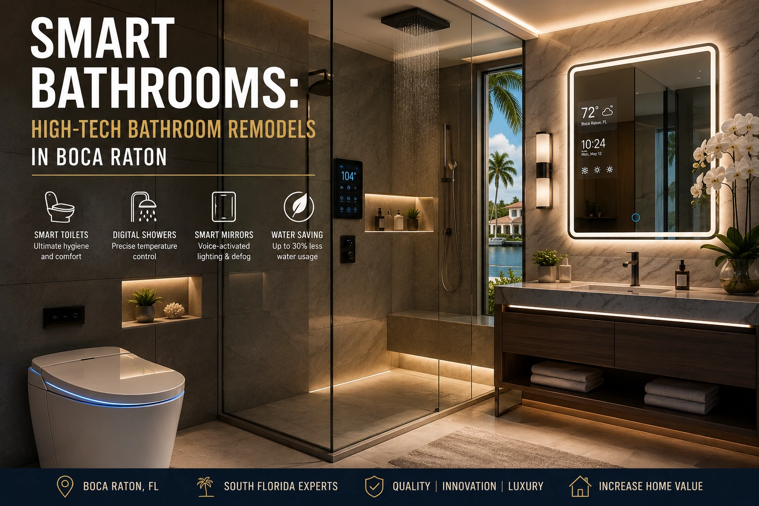 Luxury smart bathroom remodel in Boca Raton featuring a sleek smart toilet, digital walk-in shower with touchscreen controls, voice-activated smart mirror, ambient LED lighting, marble finishes, and a modern vanity. The high-tech bathroom showcases advanced comfort, water-saving technology, and contemporary South Florida luxury design