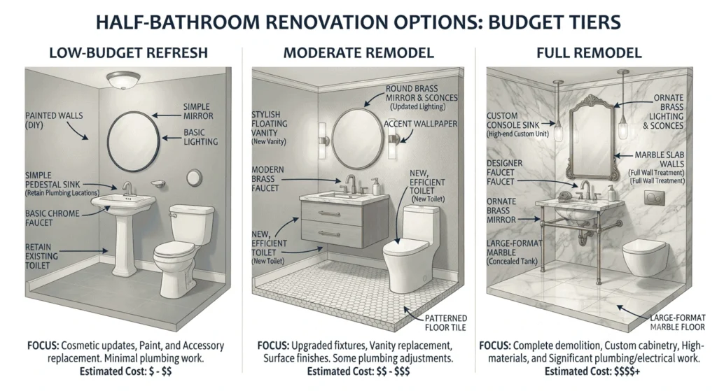 Half bathroom renovation options grouped by low, moderate, and full-remodel budgets