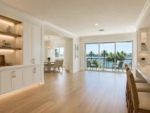 Open plan coastal condo renovation with balcony views in Highland Beach FL