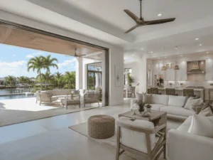 Open concept home addition and living room renovation overlooking pool in Boca Square