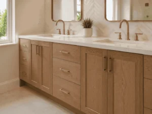 Custom double sink vanity with brass fixtures and quartz top in Broken Sound