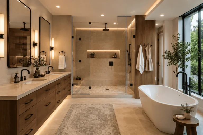 Luxury master bathroom remodel with a walk-in shower, double vanity, warm wood cabinets and freestanding bathtub