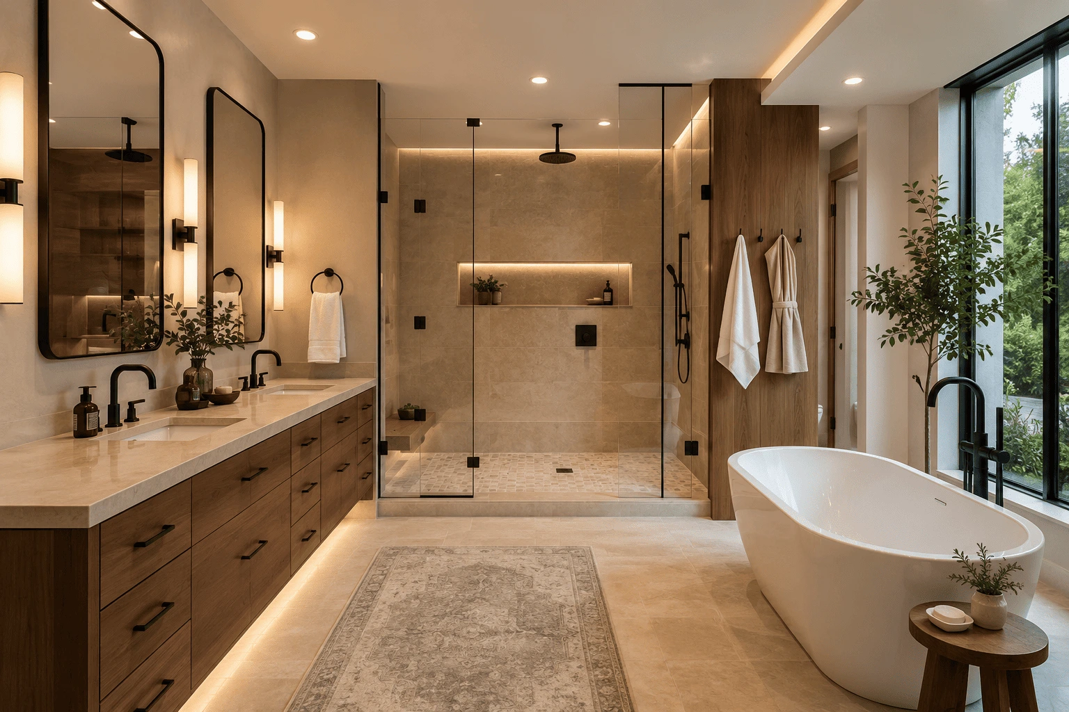 Luxury master bathroom remodel with a walk-in shower, double vanity, warm wood cabinets and freestanding bathtub
