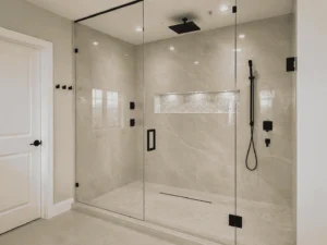 Modern beige tile walk-in shower conversion in Boca West FL