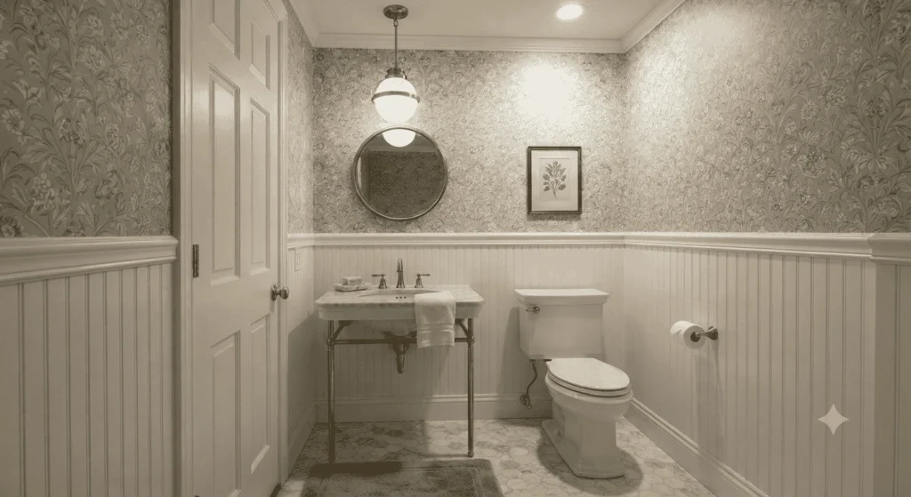 Half bathroom with painted wainscoting and patterned wallpaper