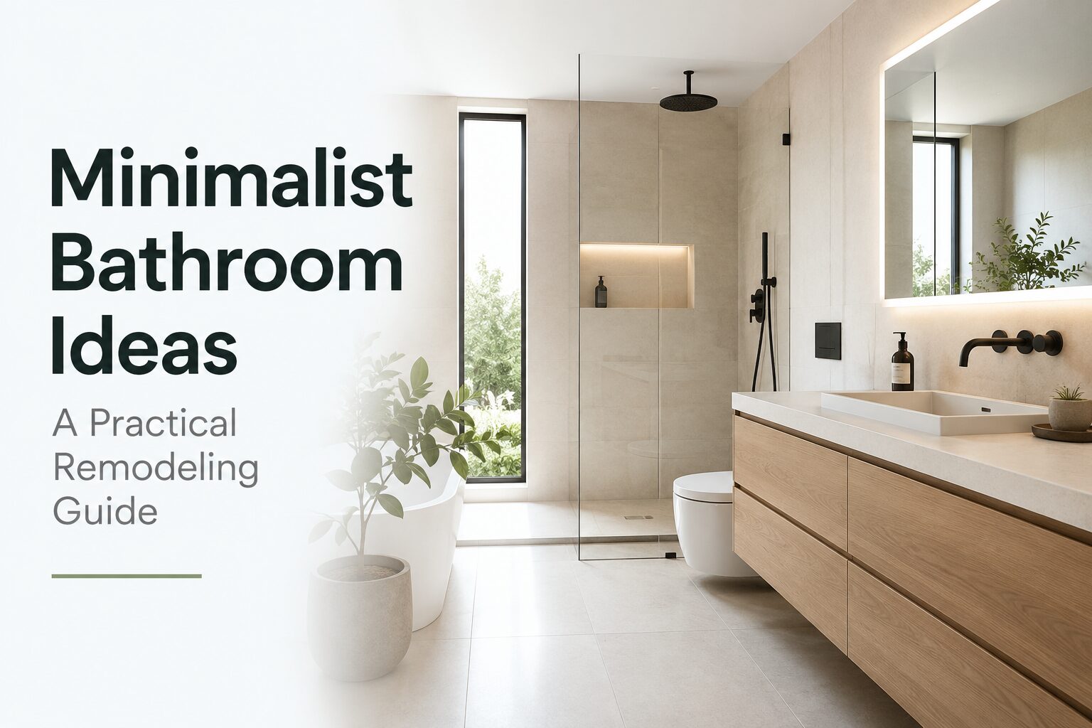 Modern minimalist bathroom featuring a floating wood vanity, frameless glass shower, neutral stone tiles, warm ambient lighting, and a clean clutter-free layout designed for a contemporary bathroom remodel.