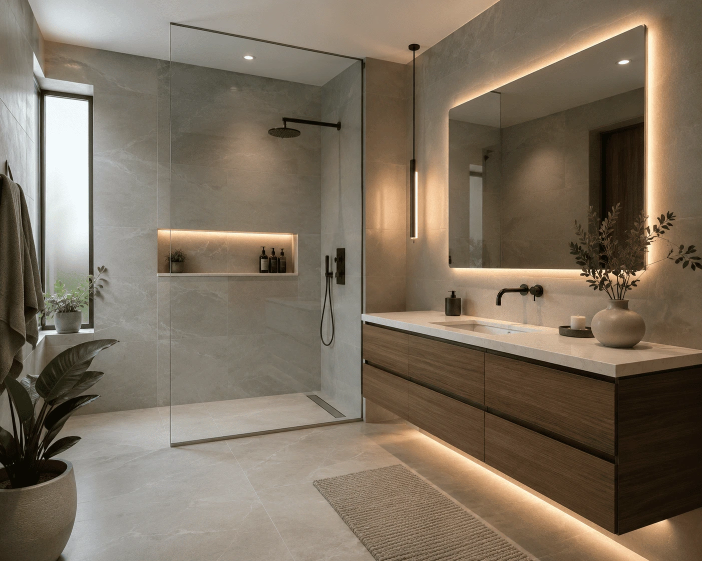 Modern bathroom remodeling ideas with a walk-in shower, floating vanity and porcelain tile