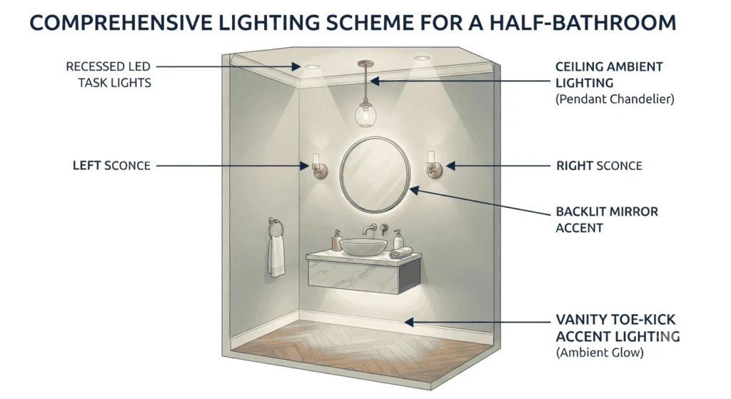 Diagram showing mirror sconces, ceiling lighting, and vanity illumination