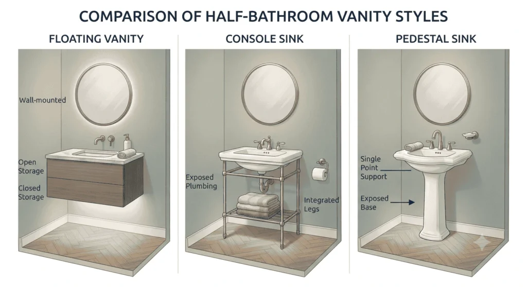 Comparison of floating vanity, console sink, and pedestal sink
