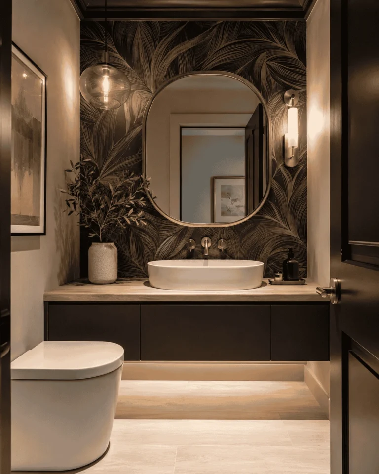 Modern half bathroom with statement wallpaper, floating vanity, brass mirror, and layered lighting