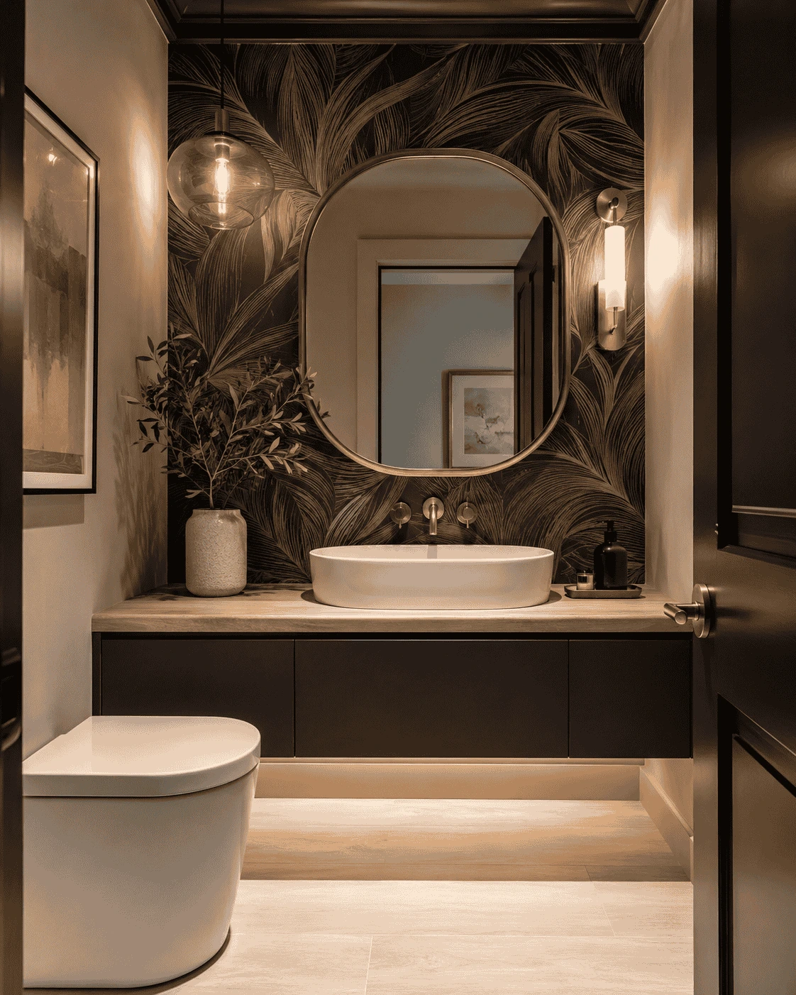 Modern half bathroom with statement wallpaper, floating vanity, brass mirror, and layered lighting