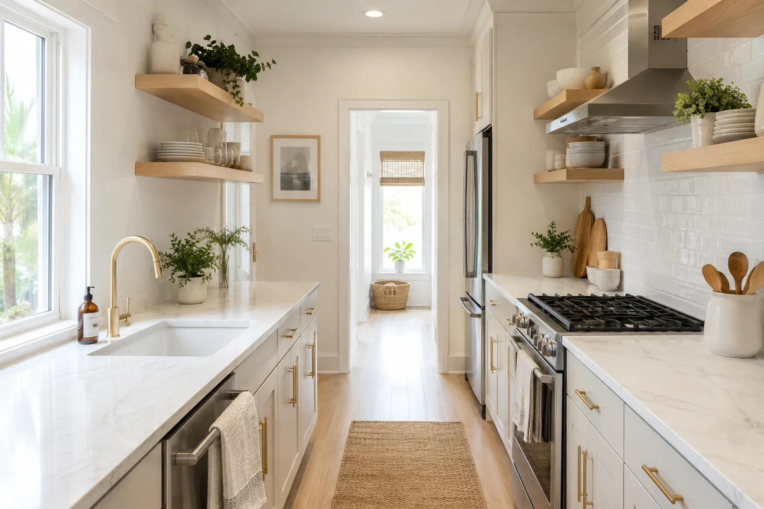 Bright galley kitchen in a Boca Raton home with open shelving and light cabinetry