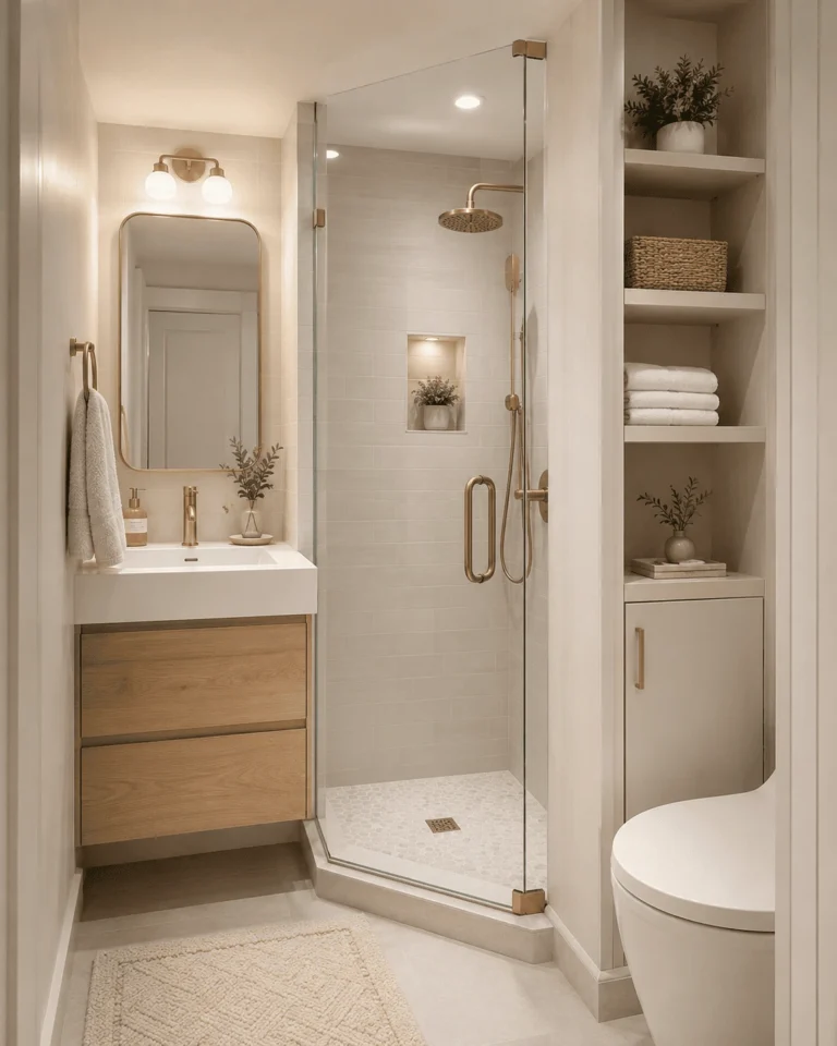 Remodeling a tiny bathroom with a compact vanity, glass shower and built-in storage