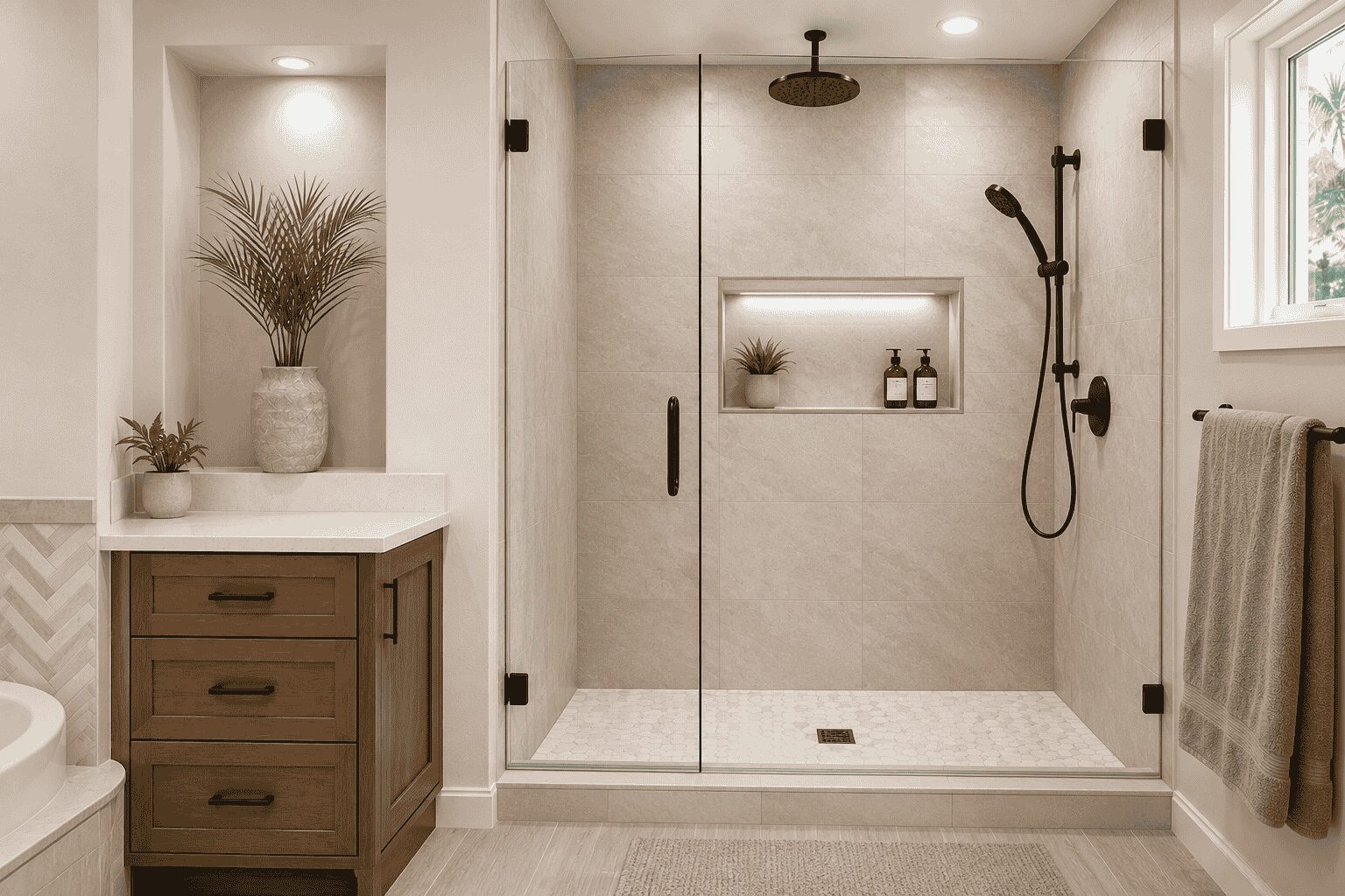 Before and after tub to shower conversion process in a US bathroom
