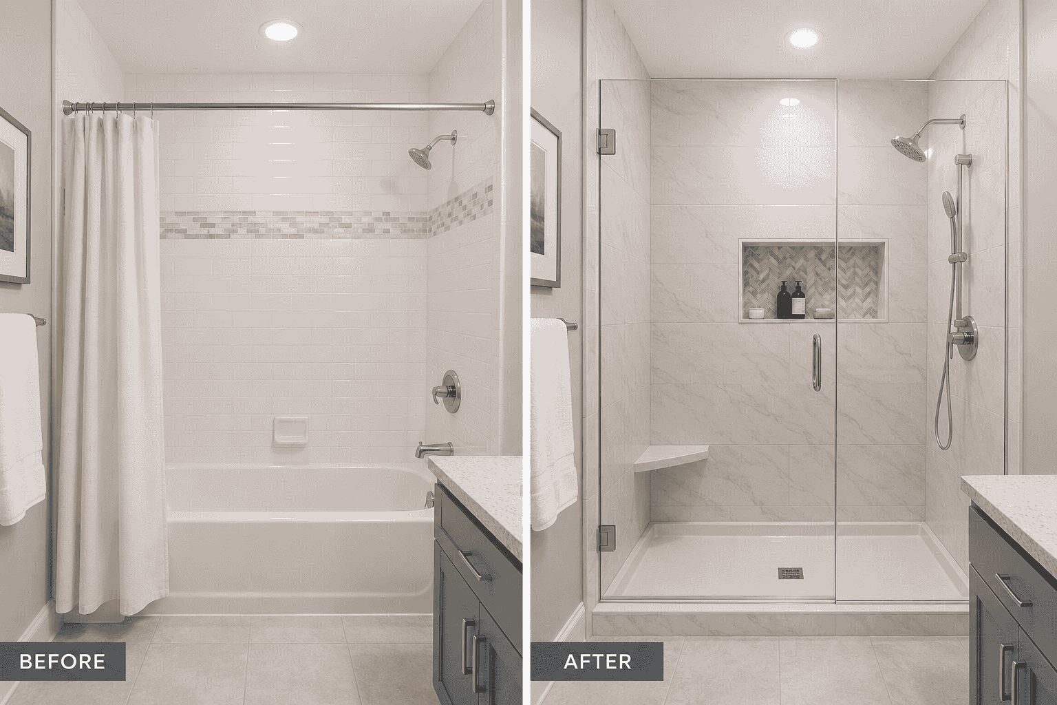 Tub to shower conversion with walk-in glass enclosure and tile in a Boca Raton bathroom