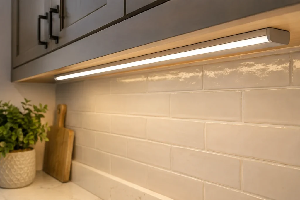 Under-cabinet lighting illuminating a small kitchen countertop