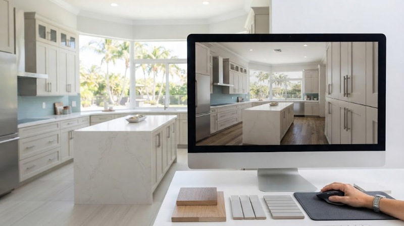 A person's hand with a watch operates a computer mouse on a desk, with a computer monitor in the foreground displaying a photorealistic 3D rendering of a luxury kitchen interior. In the background, the physical luxury kitchen featured on the screen is visible, showcasing matching cabinets, a central island, and large windows with a tropical view.