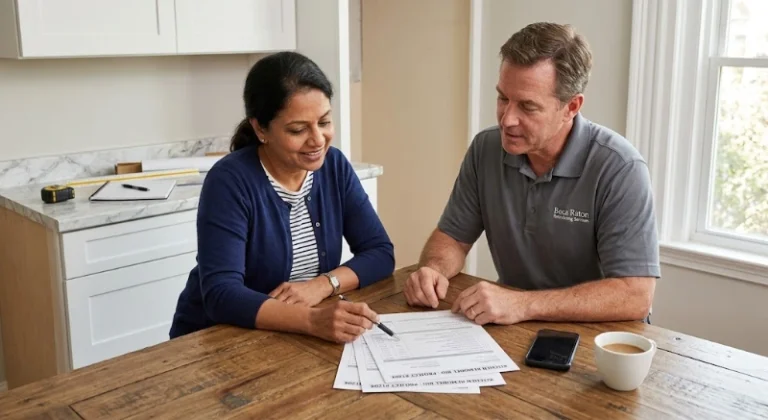 Boca Raton homeowner and general contractor going over a remodeling estimate and change order terms.