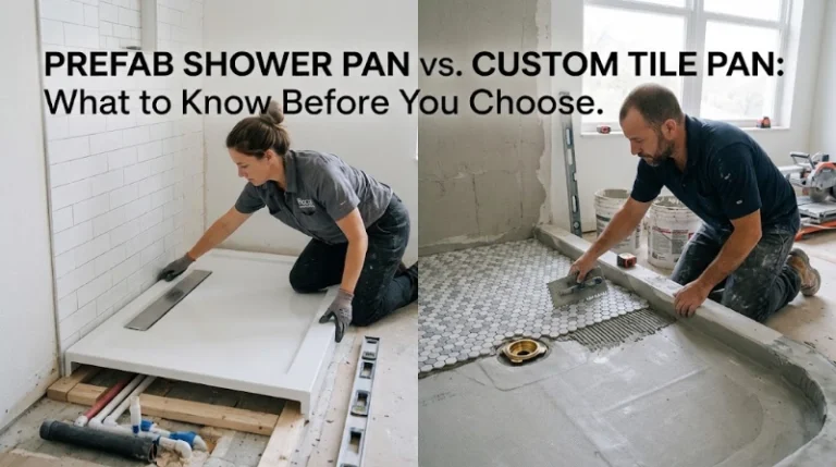 Side-by-side comparison of a installer setting a modern white prefabricated shower base and a contractor setting custom mosaic floor tile over a mortar shower bed during a bathroom remodel.