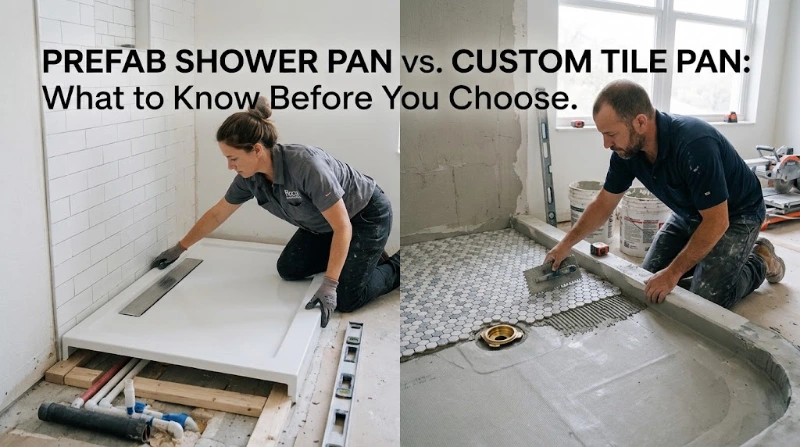 Side-by-side comparison of a installer setting a modern white prefabricated shower base and a contractor setting custom mosaic floor tile over a mortar shower bed during a bathroom remodel.